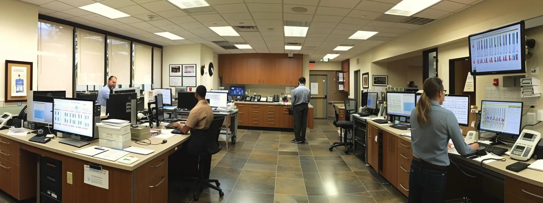 a focused medical billing office bustling with activity, showcasing professionals analyzing complex claim documents against a backdrop of organized files and digital screens displaying graphs and data trends related to claim denials.