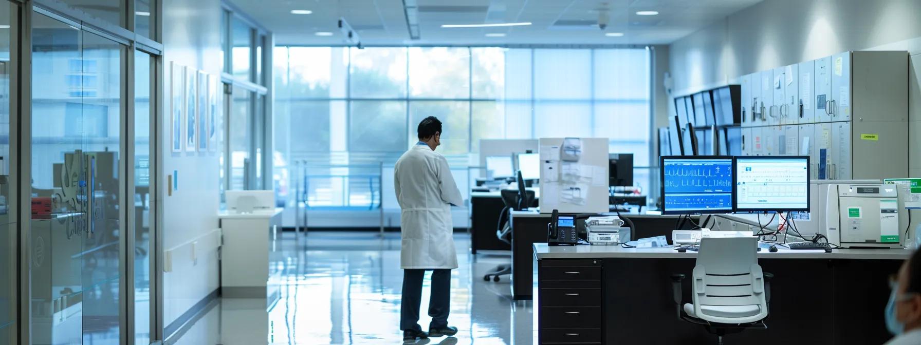 a sleek, modern office environment showcases a focused healthcare executive analyzing financial reports on a high-tech touchscreen display, emphasizing the complexities of in-house medical billing versus outsourcing in vibrant digital graphics.