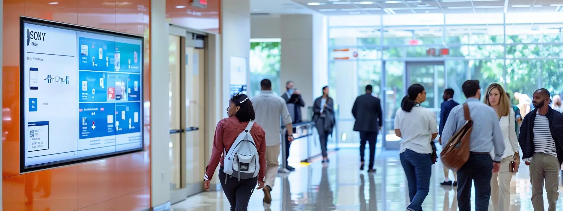 a modern healthcare office bustling with professionals engaged in discussions around digital displays showcasing innovative denial management strategies and analytics.