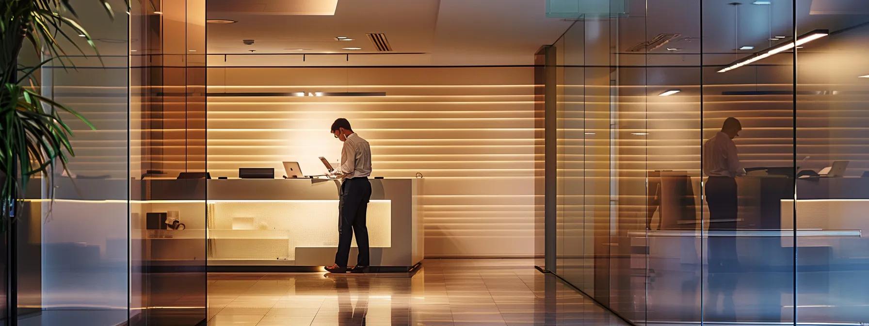 a modern office space showcases a confident business professional reviewing detailed financial reports on a sleek digital tablet, illuminated by crisp, artificial lighting that emphasizes the importance of efficient accounts receivable recovery for enhancing cash flow.