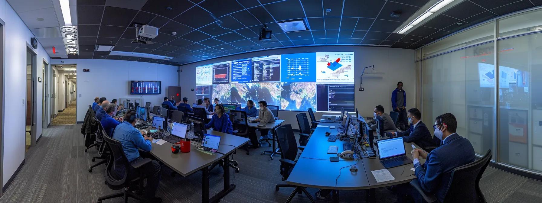 a polished office conference room filled with focused professionals engaged in a detailed discussion about physician credentialing practices, illuminated by sharp overhead lights that highlight a large digital compliance dashboard on the wall.