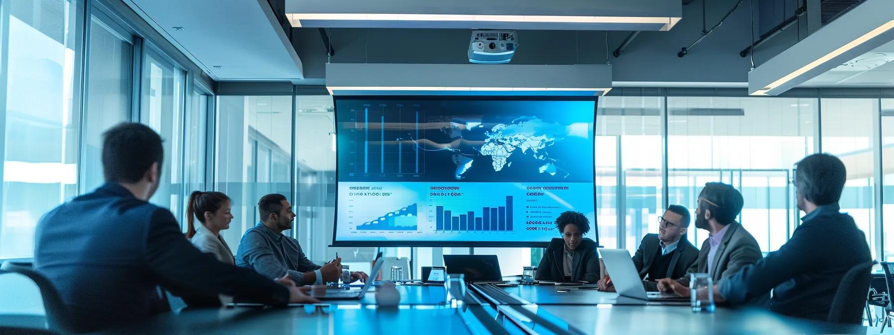 a modern office conference room features an elegant presentation screen displaying a detailed infographic on physician credentialing costs, with professional individuals engaged in a focused discussion around a sleek table.