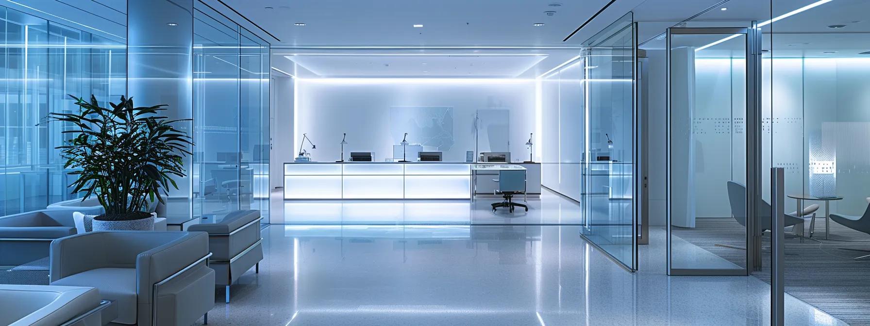 an elegant, modern healthcare office filled with high-tech medical equipment and sleek consulting spaces, illuminated by soft artificial lighting, showcasing a professional atmosphere that reflects innovative healthcare solutions.