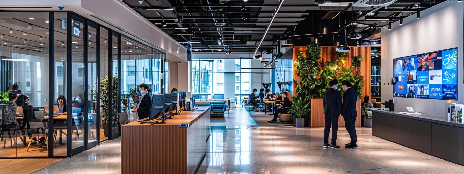 a modern office space bustling with professionals engaged in collaborative discussions about effective ar recovery solutions, illuminated by sleek artificial lighting and showcasing high-tech displays.