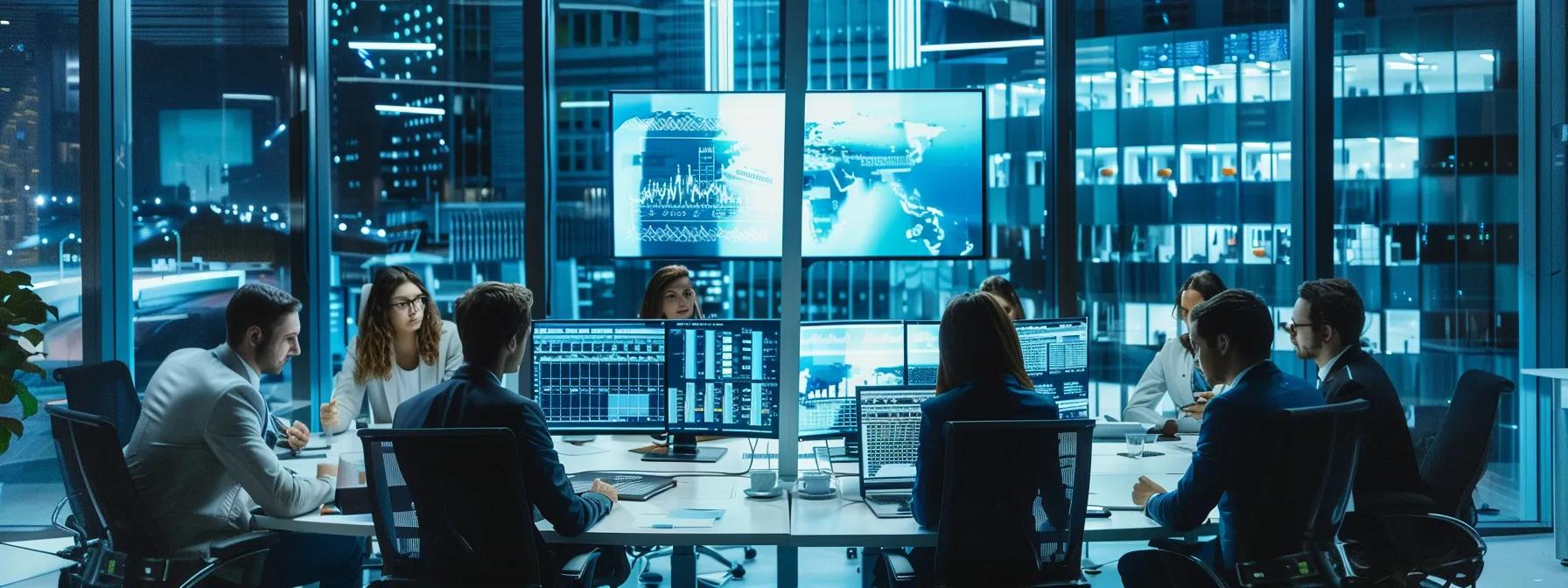 a sleek, modern office environment features a diverse team of professionals engrossed in focused discussions while analyzing medical billing data on high-tech screens, conveying the efficiency and expertise of the best medical billing company.