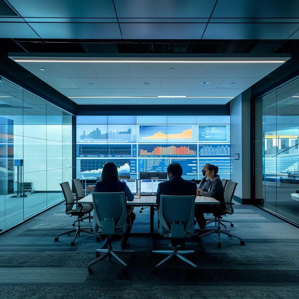 a sleek, modern office conference room filled with engaged professionals analyzing data on large screens, illuminated by sharp artificial lighting that highlights the dynamic interaction centered around effective ar recovery strategies.