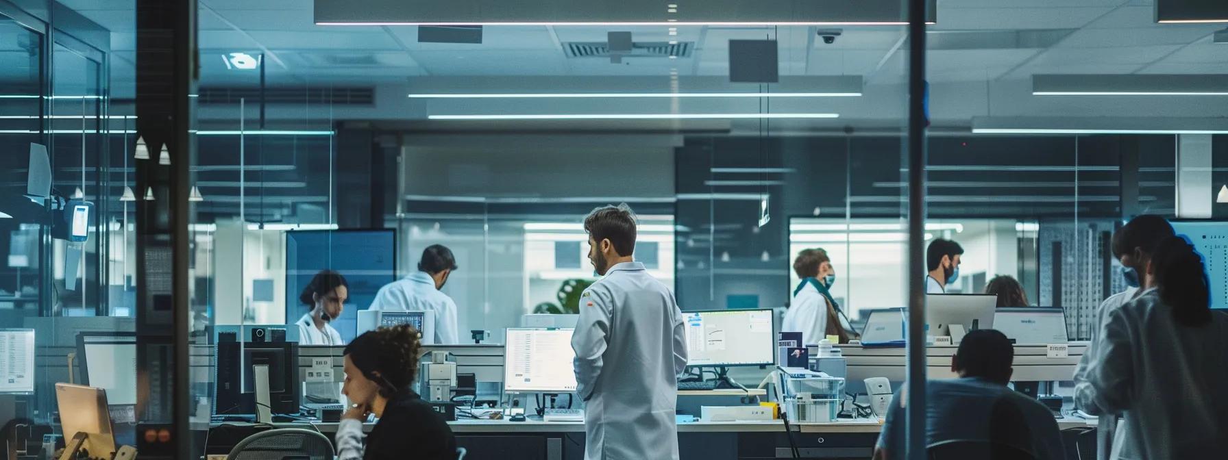 a bustling healthcare office with focused professionals analyzing billing documents and discussing denial trends, illuminated by bright fluorescent lights and surrounded by modern technology, conveying a sense of urgency and efficiency in solving healthcare billing issues.