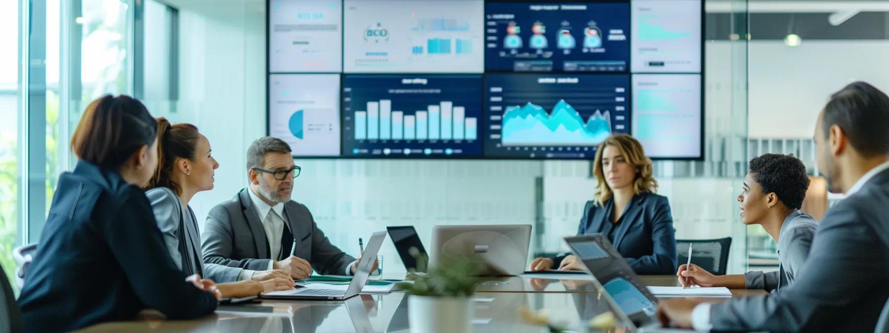 a dynamic corporate office environment featuring a diverse group of professionals engaged in a collaborative meeting around a sleek conference table, with digital displays showcasing streamlined physician credentialing processes and compliance charts in vibrant colors.