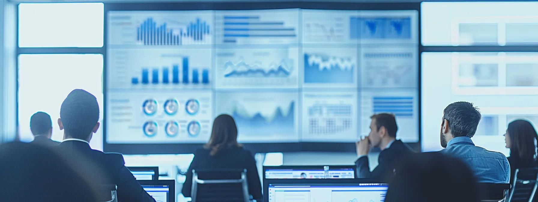 a modern office conference room is filled with professionals attentively reviewing a large digital presentation displaying intricate charts and graphs, symbolizing the complexities and key factors influencing the cost of end-to-end revenue cycle management services.