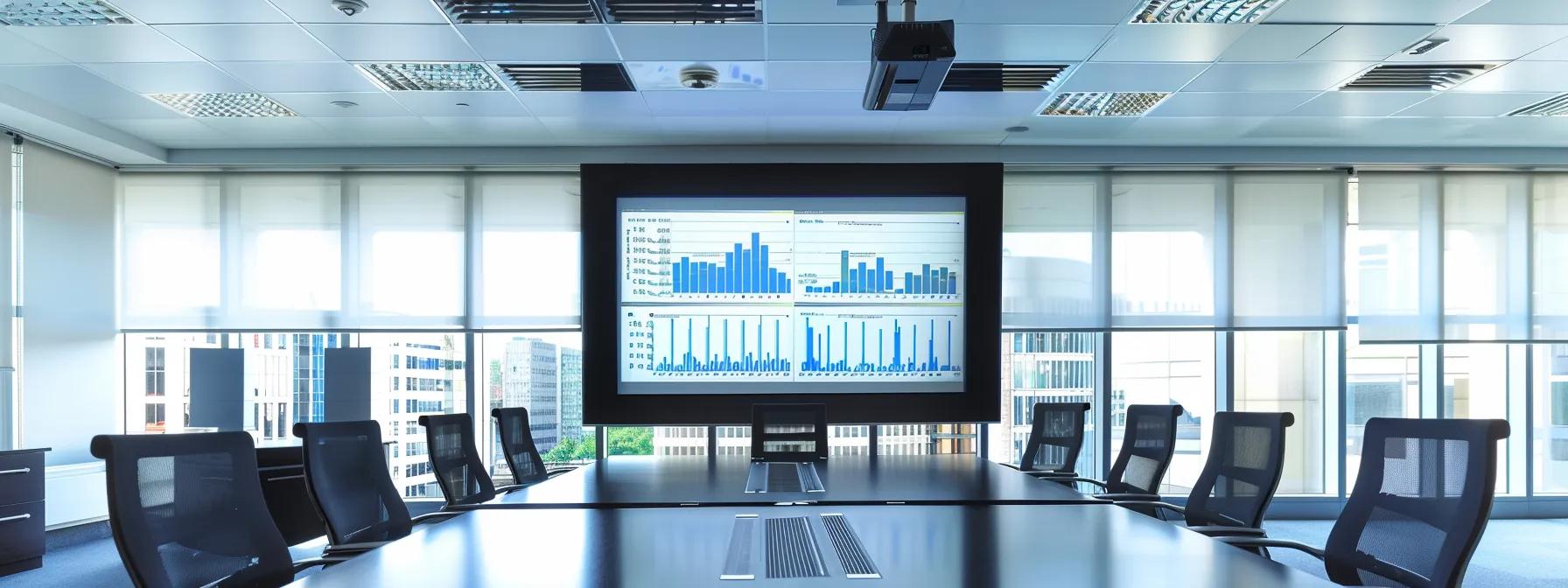 a modern office environment displays a sleek conference room with a large screen showing a visual breakdown of medical billing costs, complete with dynamic graphs and charts, emphasizing clarity and professionalism in healthcare finance.