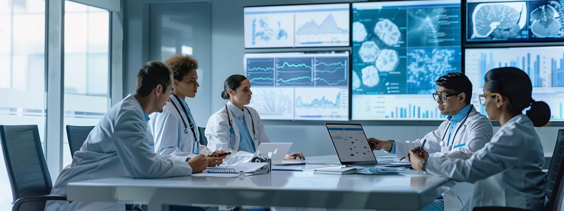 a modern office environment features a focused team of medical professionals engaged in a strategic discussion around a sleek conference table, analyzing digital screens displaying complex medical billing and coding data in a collaborative atmosphere.