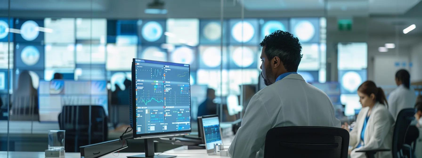 a sleek, modern healthcare office filled with focused professionals analyzing data on multiple screens, showcasing the optimized workflow and efficiency of end-to-end revenue cycle management.