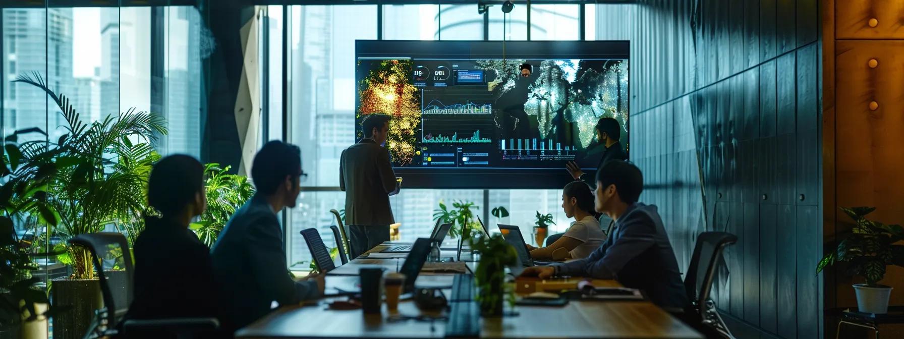 a sleek, modern office environment showcases a diverse team collaborating around a large digital display, illustrating cloud-based billing solutions that optimize revenue cycle management through vibrant data visualizations and cutting-edge technology.