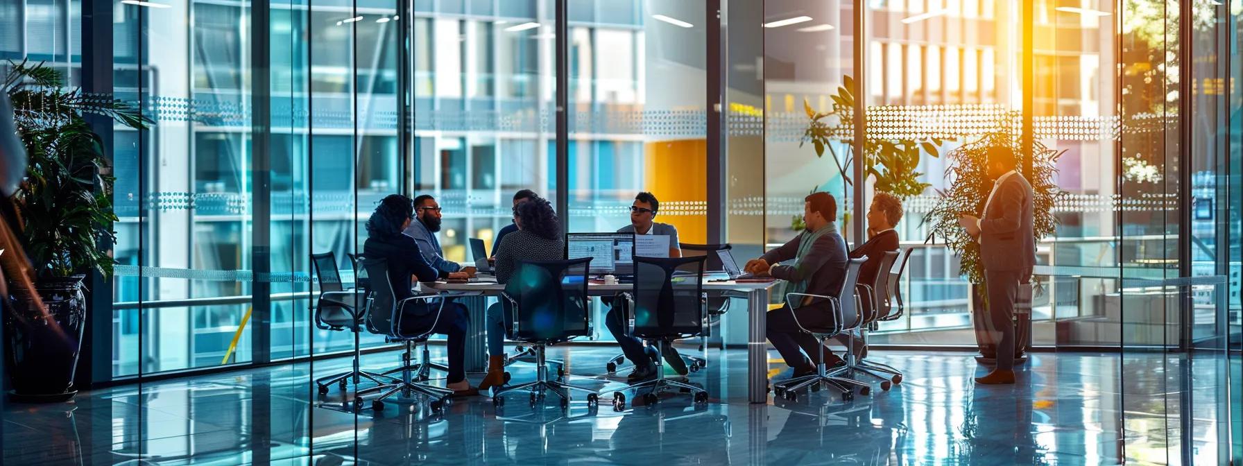 a sleek, modern office setting features a diverse team engaged in a focused discussion around a large conference table, surrounded by transparent glass walls, showcasing charts and graphs that illustrate accounts receivable recovery service fees.