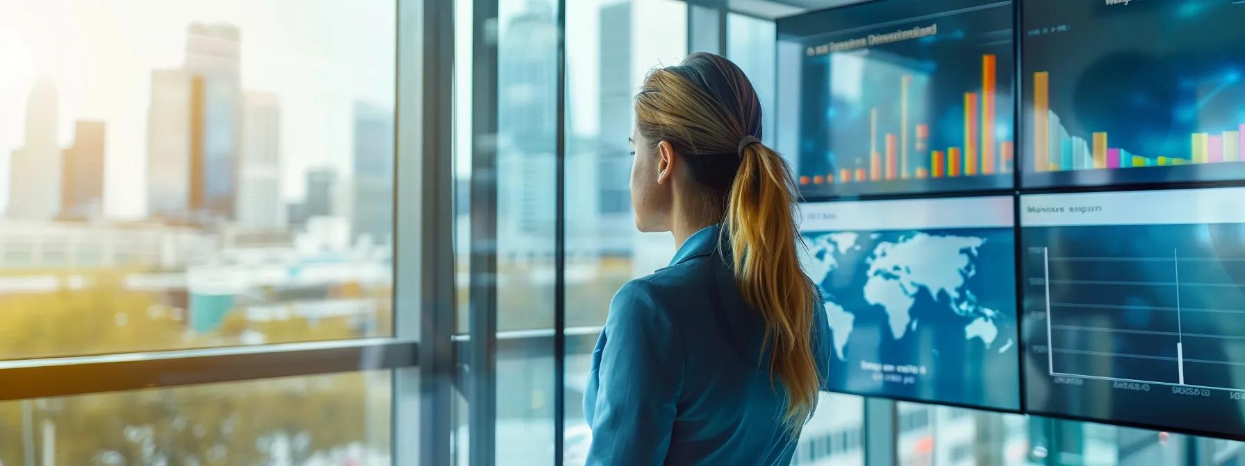 a-confident-businesswoman-stan-147e1b36-5fd89e9c-c57e-4196-a469-e180d24f9c0a.webp a confident businesswoman stands in a modern office with large windows, reviewing a digital dashboard filled with vibrant graphs and statistics showcasing successful accounts receivable recovery, exuding a sense of achievement and empowerment.