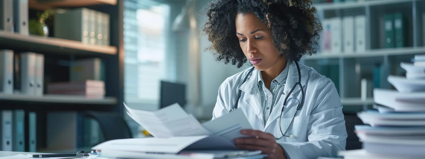 a focused physician sits in a modern office, reviewing an organized stack of credentialing documents under sharp fluorescent lighting, highlighting the importance of hipaa compliance and professionalism.