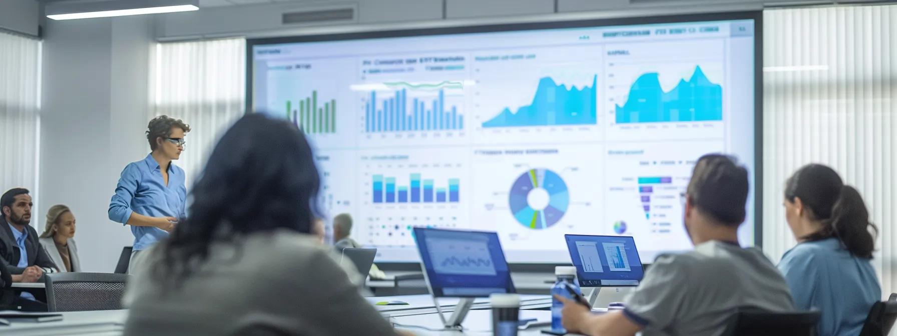 a modern office conference room, illuminated by bright overhead lights, showcases a large digital screen displaying vibrant infographics and charts that illustrate key features of effective healthcare compliance reporting, surrounded by engaged professionals discussing the data.