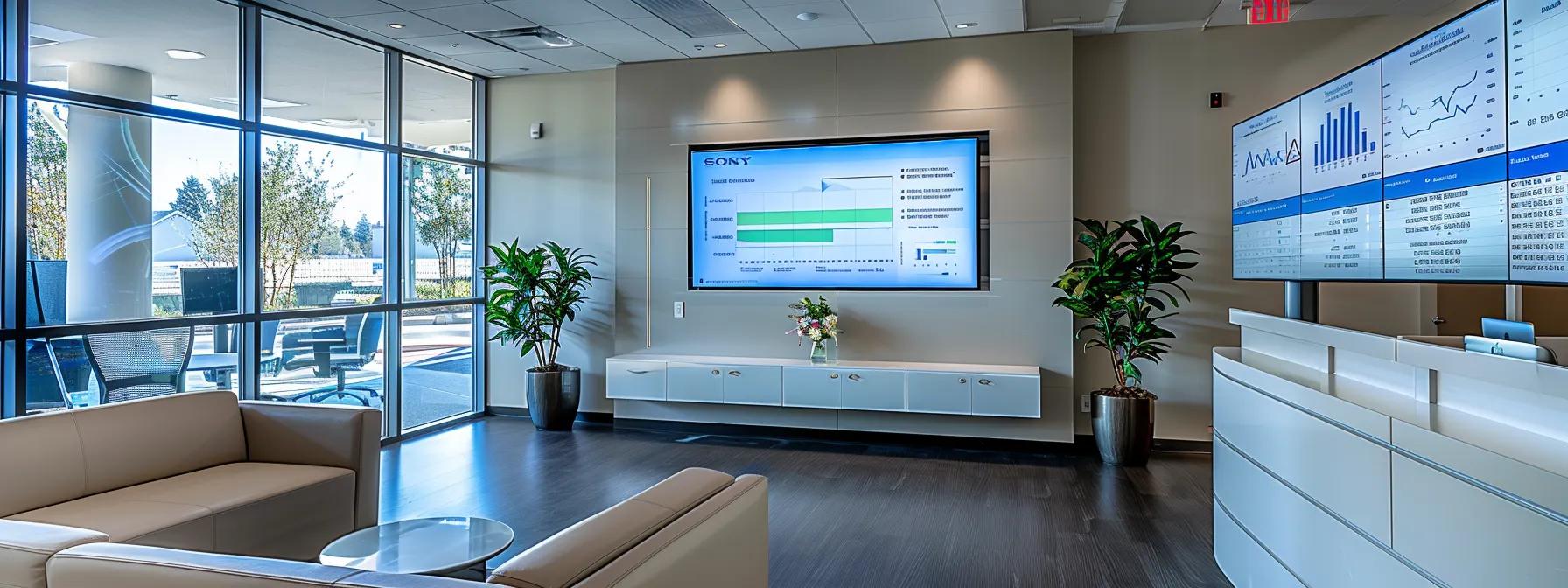 a sleek, high-tech office space features a central digital display showing vibrant graphs and charts, emphasizing the seamless integration of a medical billing system that enhances revenue management.
