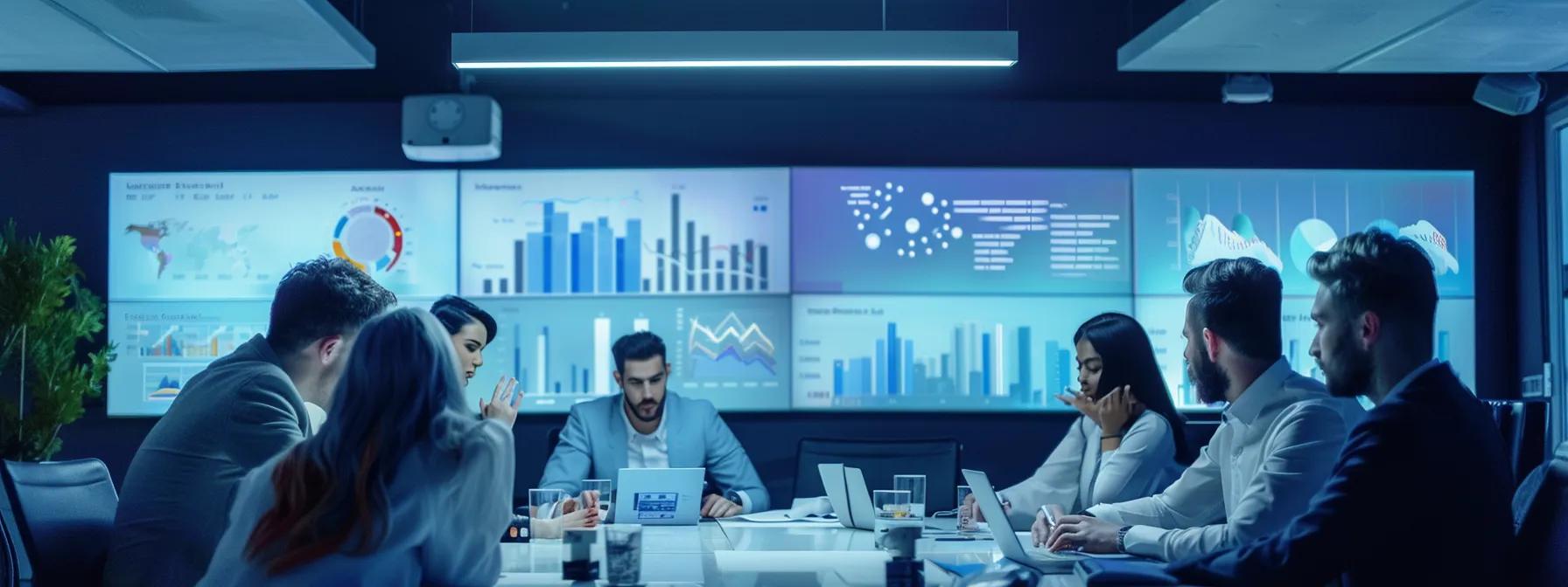 a sleek, modern office environment featuring a group of diverse professionals engaged in an intense strategy meeting, illuminated by sharp overhead lights and showcasing graphs and digital displays, emphasizing the theme of competitive efficiency in revenue cycle management.