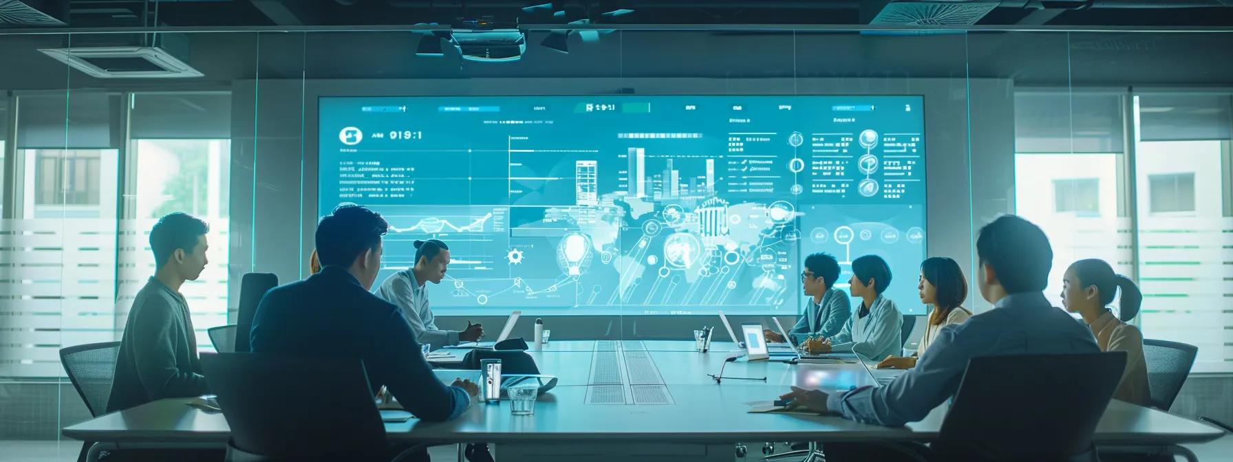 a sleek, modern office environment showcases a diverse team engaged in focused discussions around a large conference table, with digital screens displaying data analytics and billing flowcharts, illustrating the efficiency of outsourced billing services.