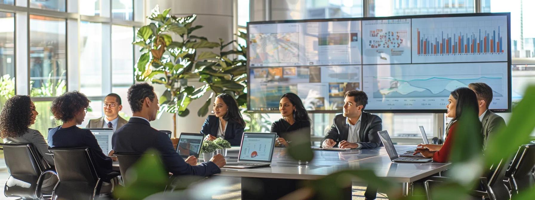 a sleek, modern office filled with diverse professionals engaged in a collaborative strategy session, surrounded by digital displays showcasing advanced analytics and streamlined workflows for outsourced medical billing.