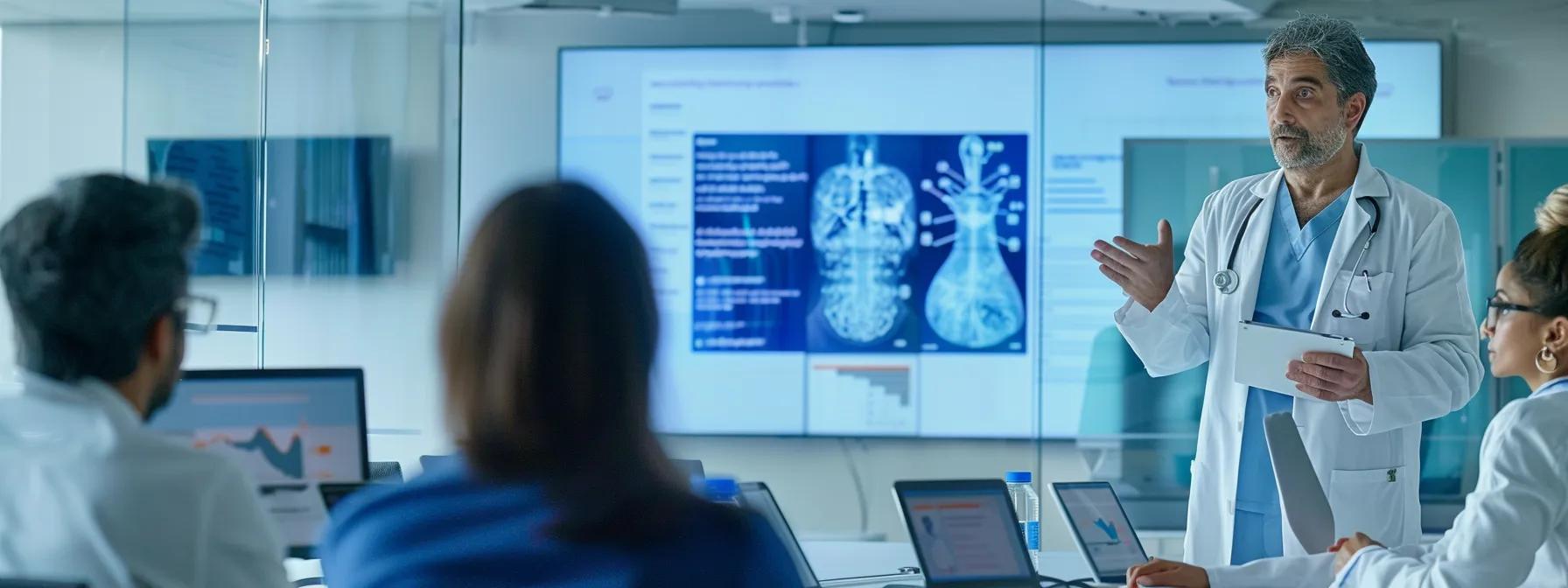 a sleek, modern office setting showcases a focused group of healthcare professionals engaged in a detailed discussion, surrounded by digital displays illustrating the physician credentialing process, emphasizing professionalism and collaboration.