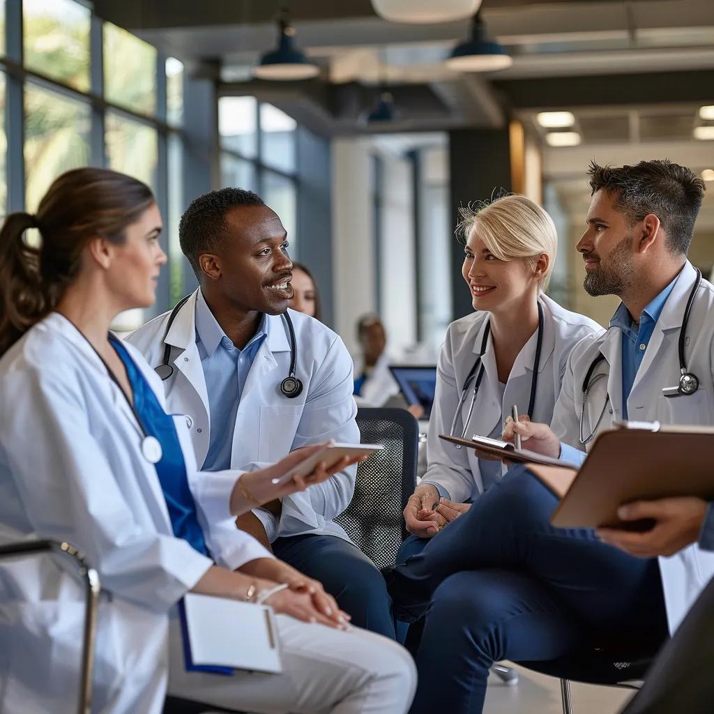 Healthcare professionals collaborating on physician credentialing in a modern office