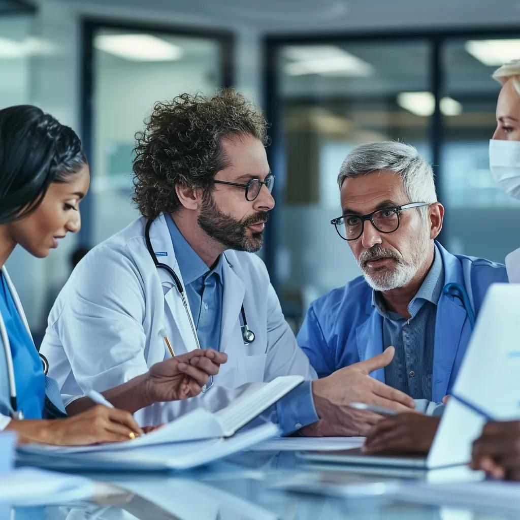 Healthcare professionals collaborating on aging claims resolution strategies in a modern medical office