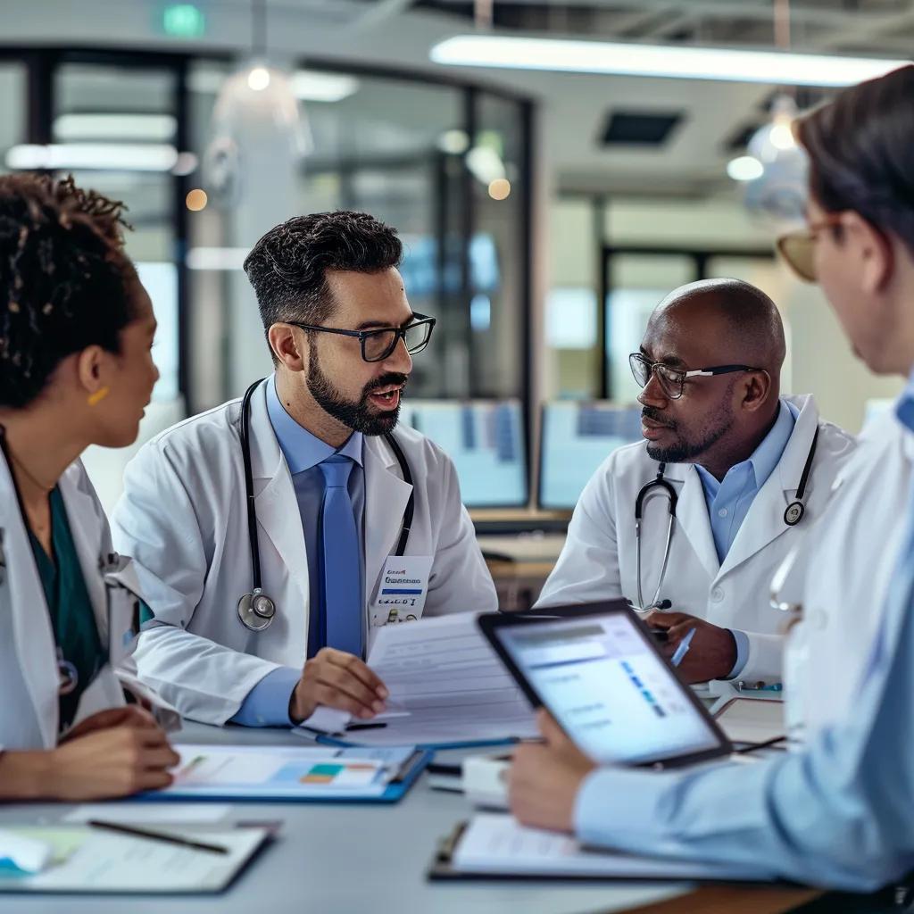 Healthcare professionals collaborating on physician credentialing in a modern office