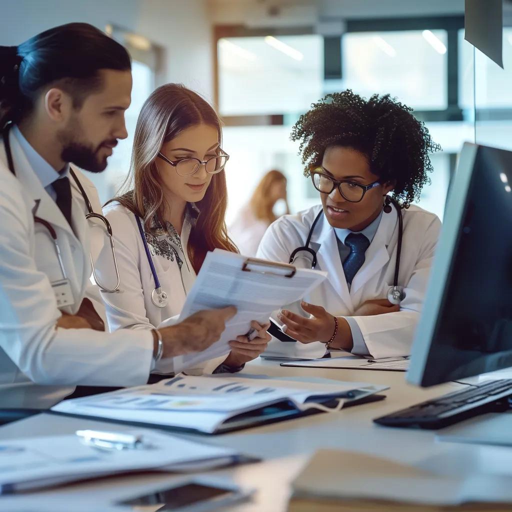 Healthcare accounts receivable management team collaborating in a modern office