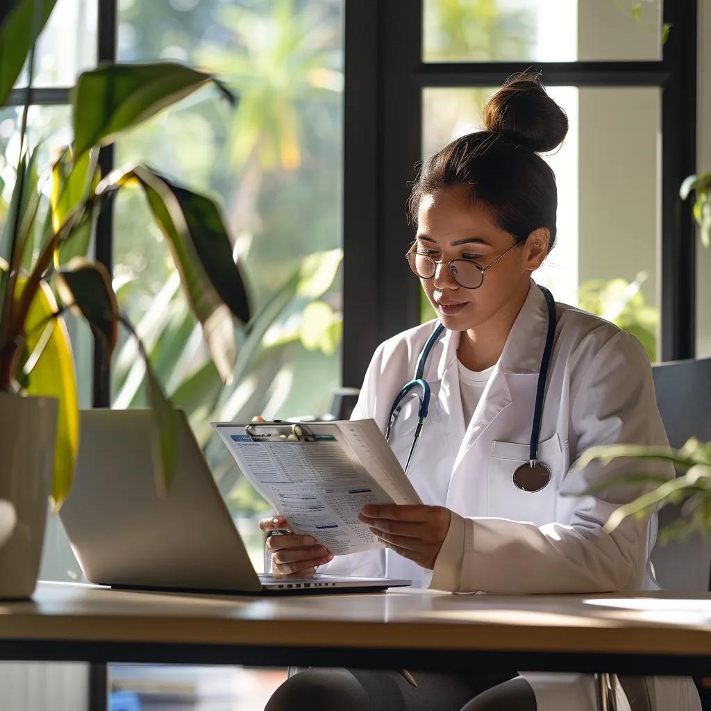 Healthcare professional in a cozy office reviewing revenue recovery solutions