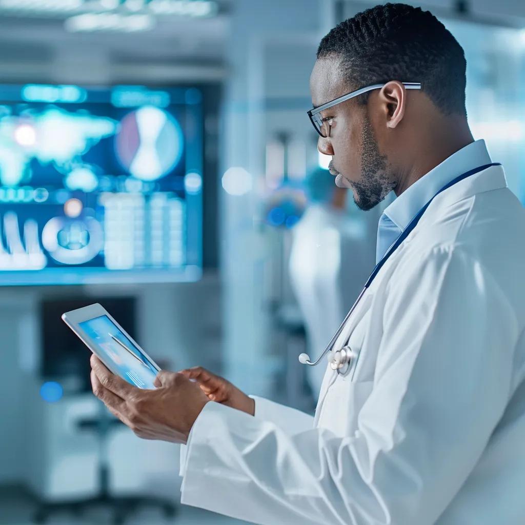 Healthcare professional analyzing data in a modern medical office, showcasing the impact of healthcare analytics