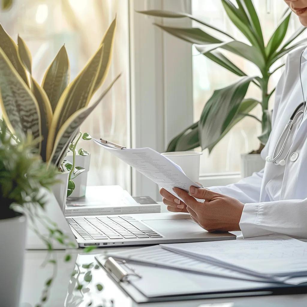 Healthcare professional analyzing financial documents in a cozy office setting