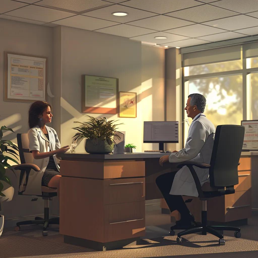 Healthcare provider discussing aged claims collection with a patient in a professional medical office