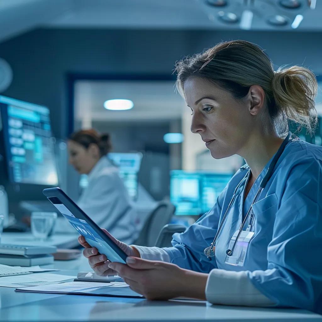 Healthcare professional analyzing financial data in a modern clinic setting