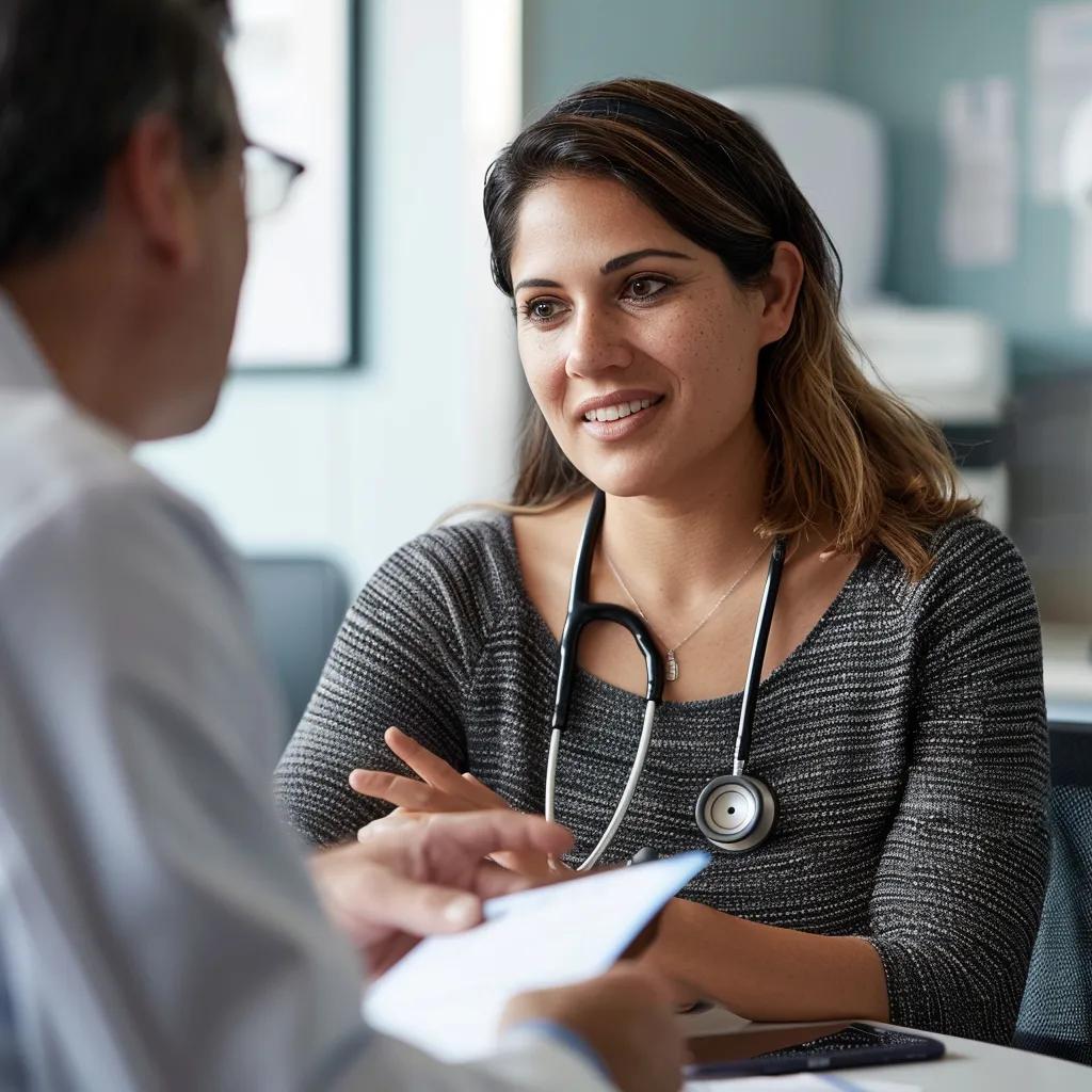 Healthcare provider discussing insurance reimbursement with a patient in a modern medical office